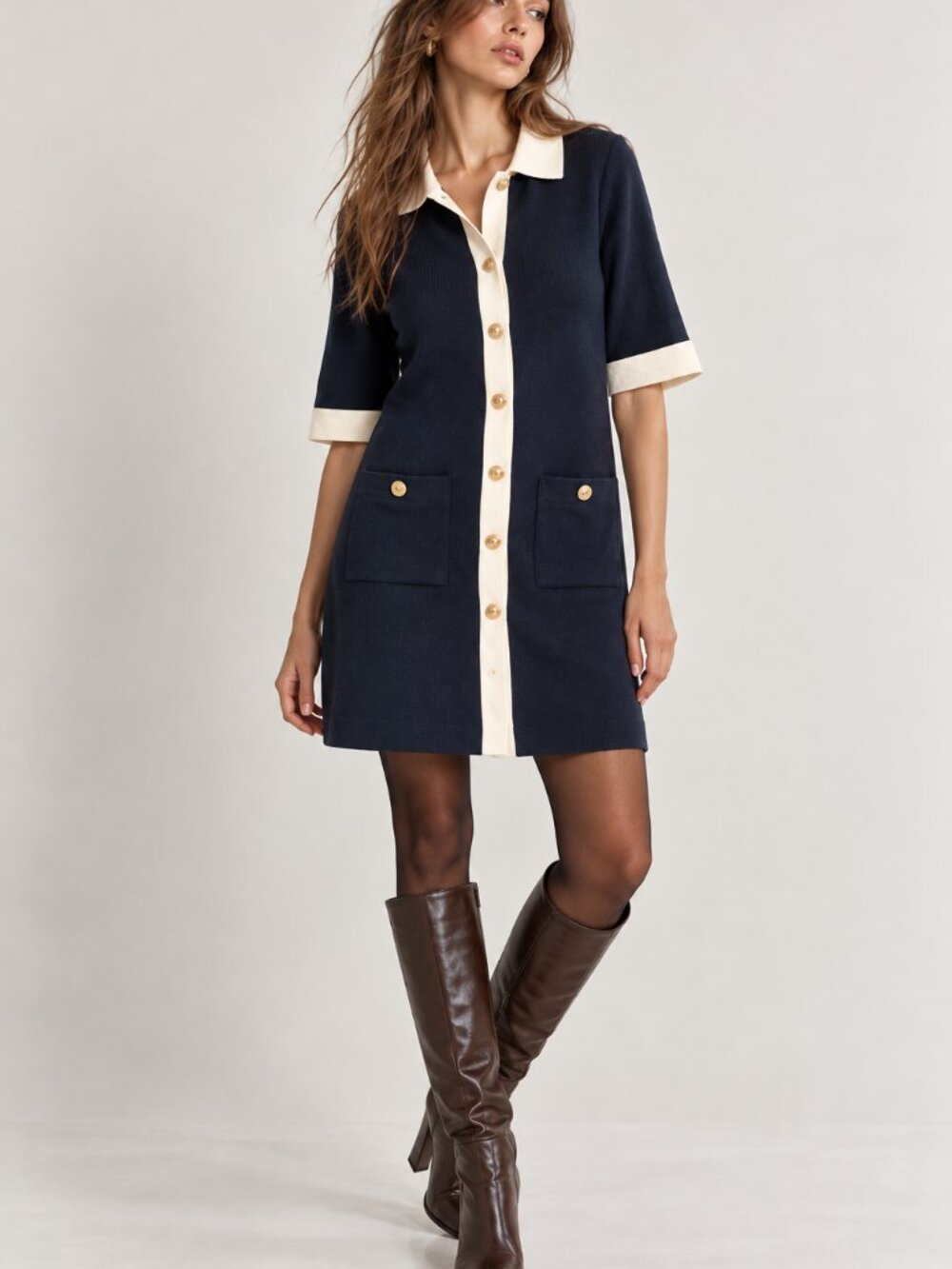 Zara Navy Cream Contrast Knit Collared Mini Dress Gold Buttons Size Small